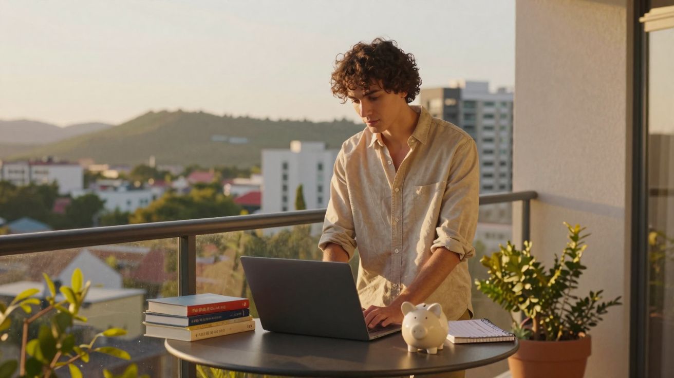 Jovem a trabalhar num portátil numa varanda com vista para a cidade ao entardecer.