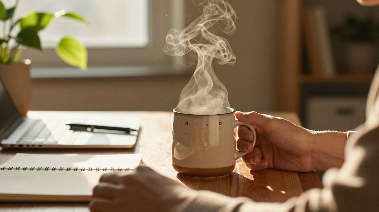 Pessoa a segurar chávena de café fumegante numa secretária com computador portátil e caderno.