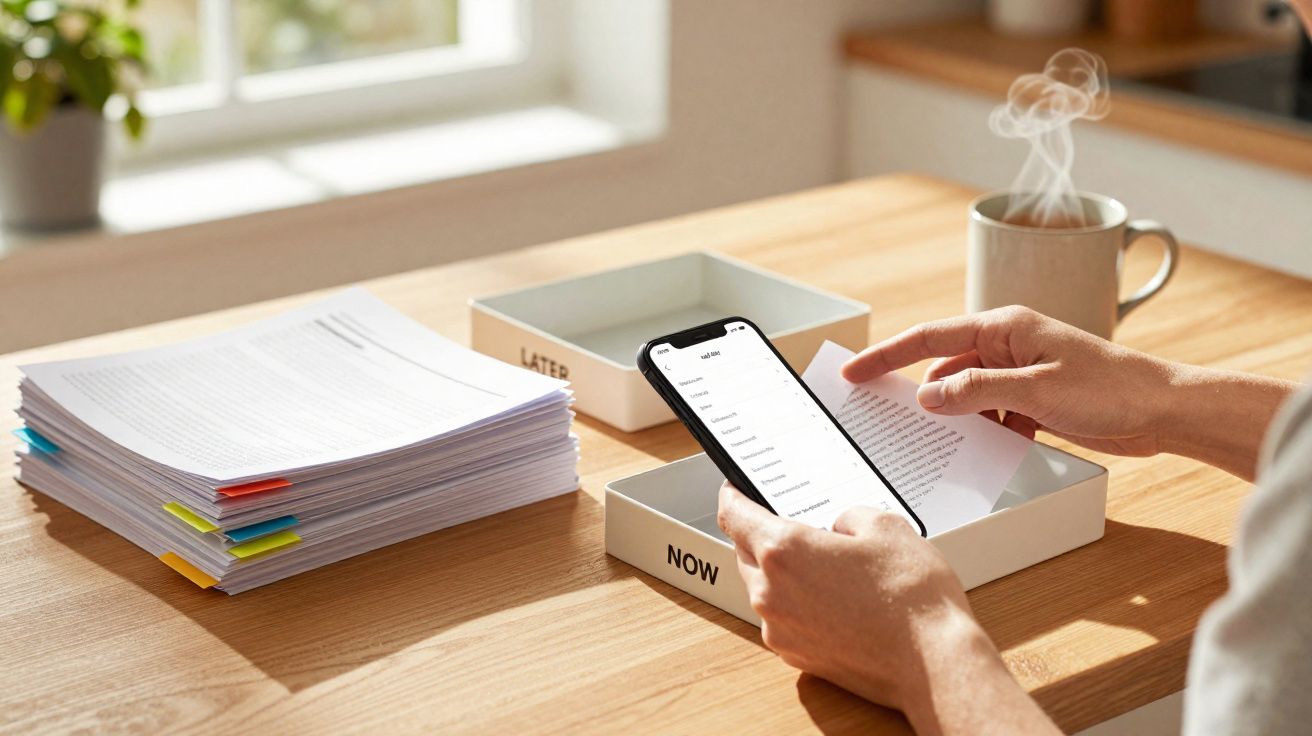 Pessoa a organizar documentos com smartphone, caixas etiquetadas "Now" e "Later" e chá quente na mesa.