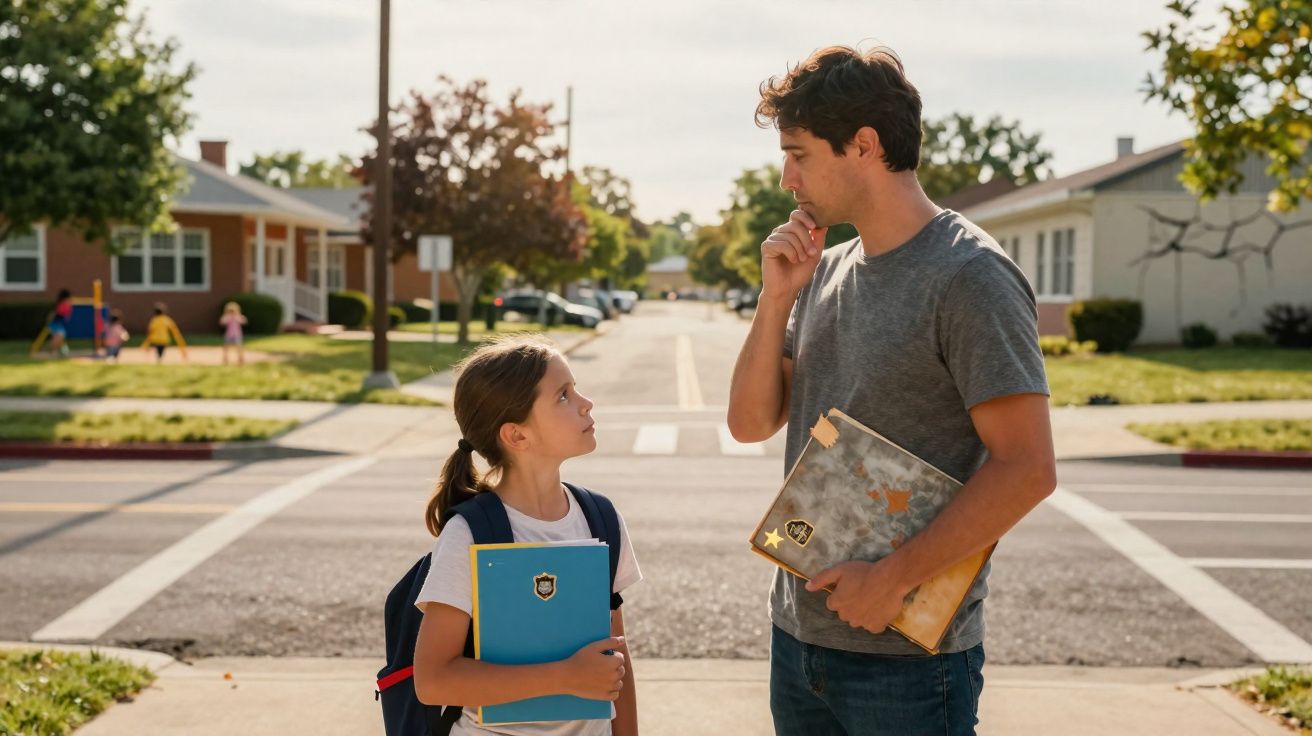 Criança com mochila e caderno azul fala com adulto que segura pasta numa rua residencial.