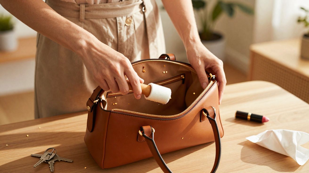 Pessoa a limpar o interior de uma mala castanha com um rolo adesivo, numa mesa de madeira.