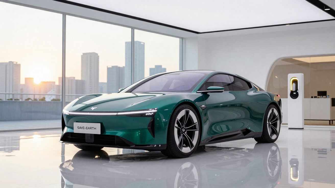 Carro elétrico verde brilhante num showroom moderno com janelas grandes e cidade ao fundo ao pôr do sol.