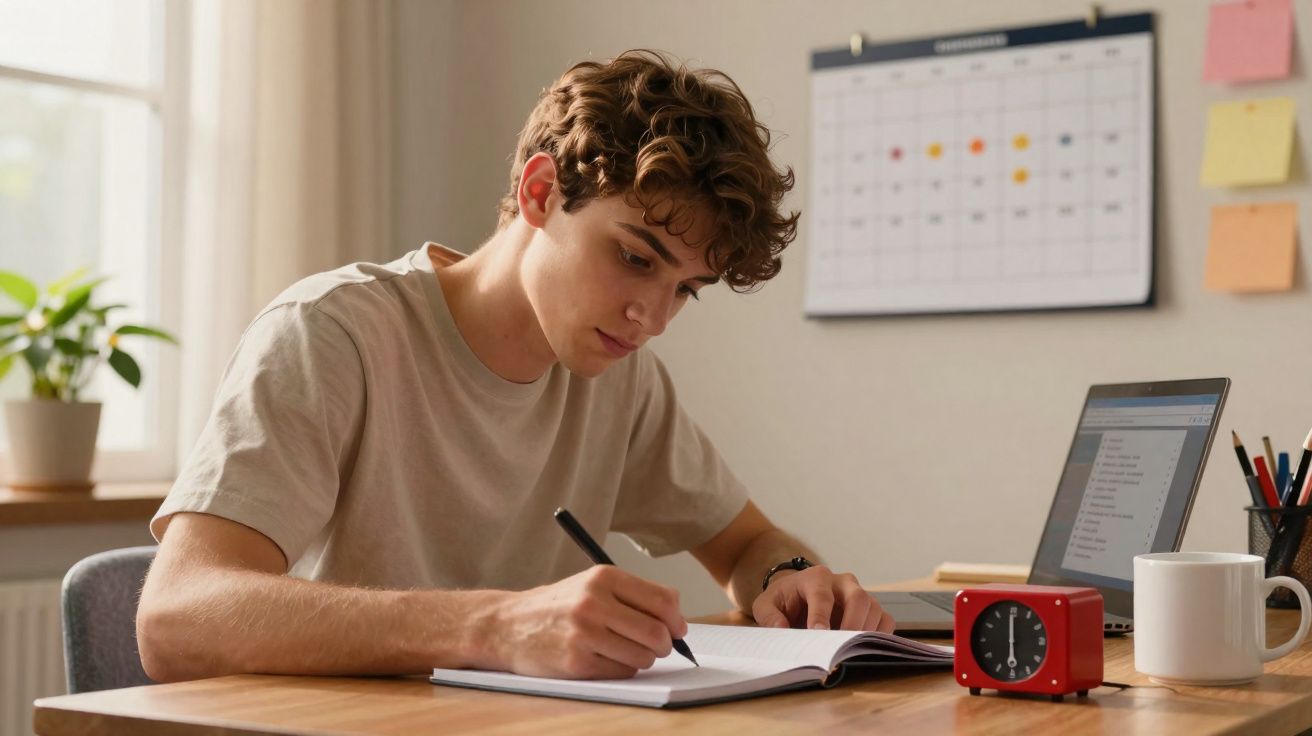 Jovem a estudar e a escrever num caderno com laptop, relógio vermelho e caneca numa mesa organizada.