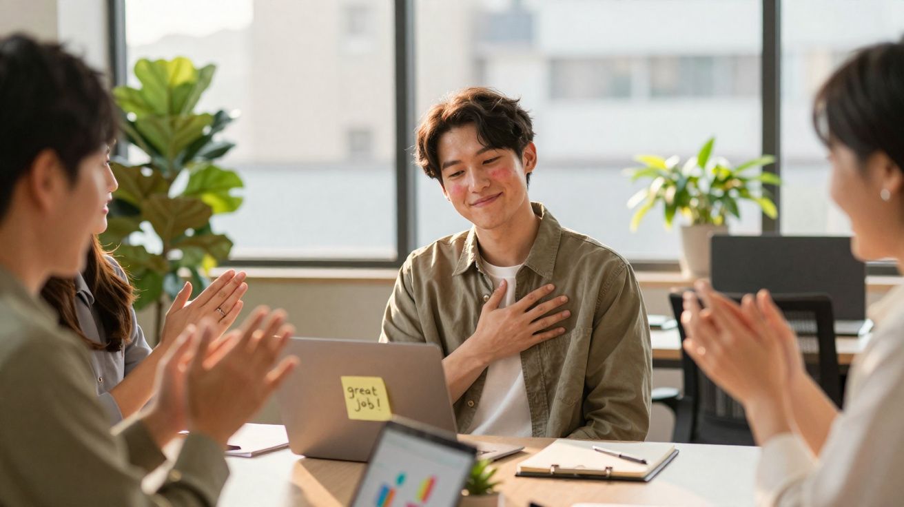 Pessoa jovem agradecida recebe aplausos de colegas numa reunião de escritório.