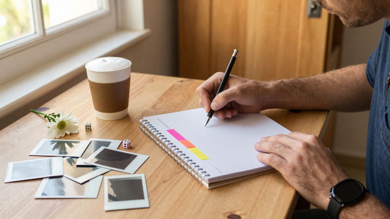 Pessoa a escrever num caderno ao lado de fotografias instantâneas, flores e uma chávena de café numa mesa de madeira.