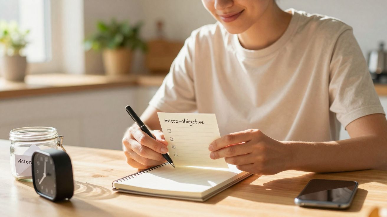 Pessoa sentada a escrever num bloco de notas enquanto segura um cartão com a palavra "micro-objective".