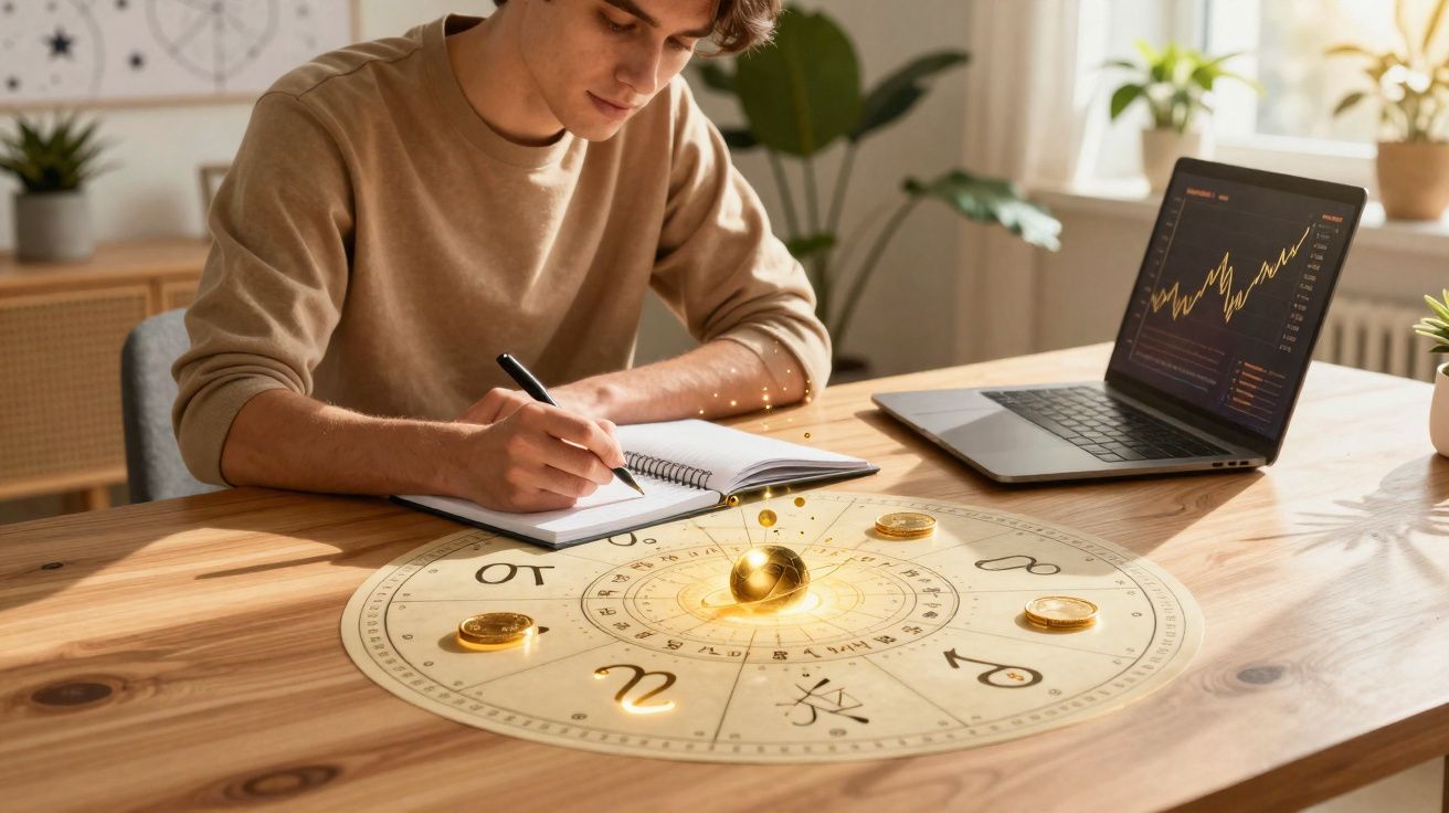 Pessoa a escrever num caderno com gráficos no computador e mapa astral zodiacal iluminado na mesa.