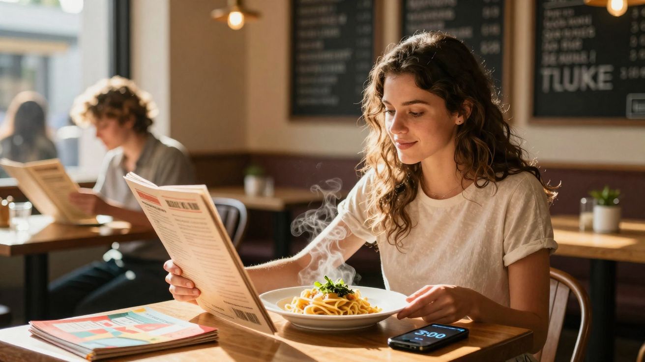 Mulher com cabelo cacheado a ler menu em restaurante enquanto espera prato de massa quente fumegante.
