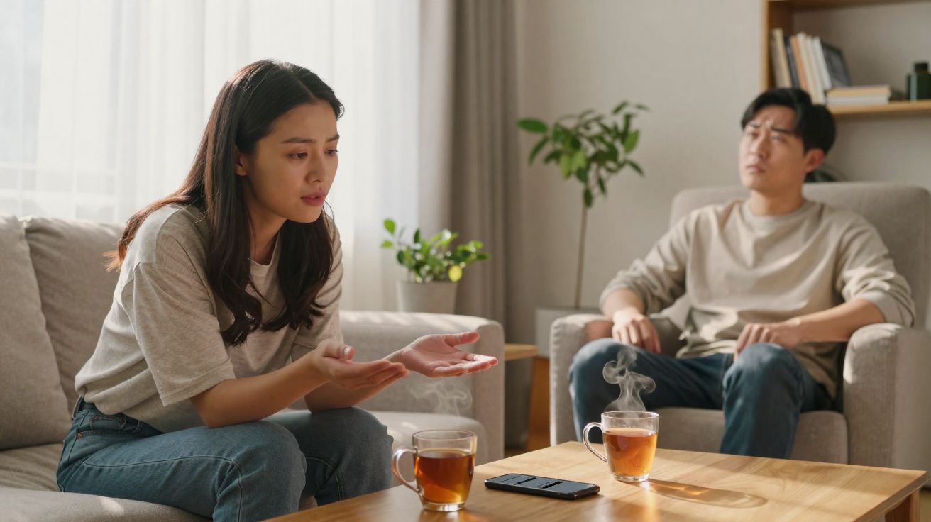 Mulher visivelmente chateada conversa com homem preocupado numa sala com chá na mesa de centro.