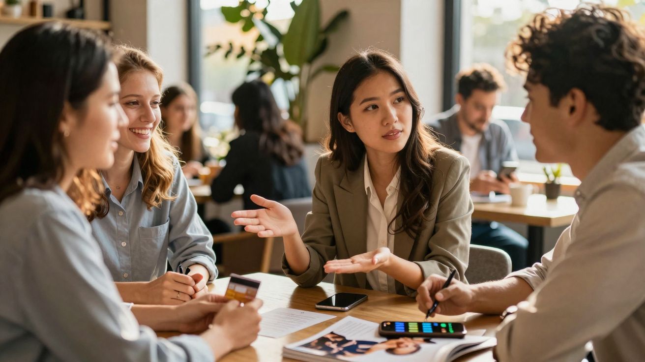 Grupo de quatro jovens a discutir e trabalhar numa mesa com documentos e telemóveis num café.