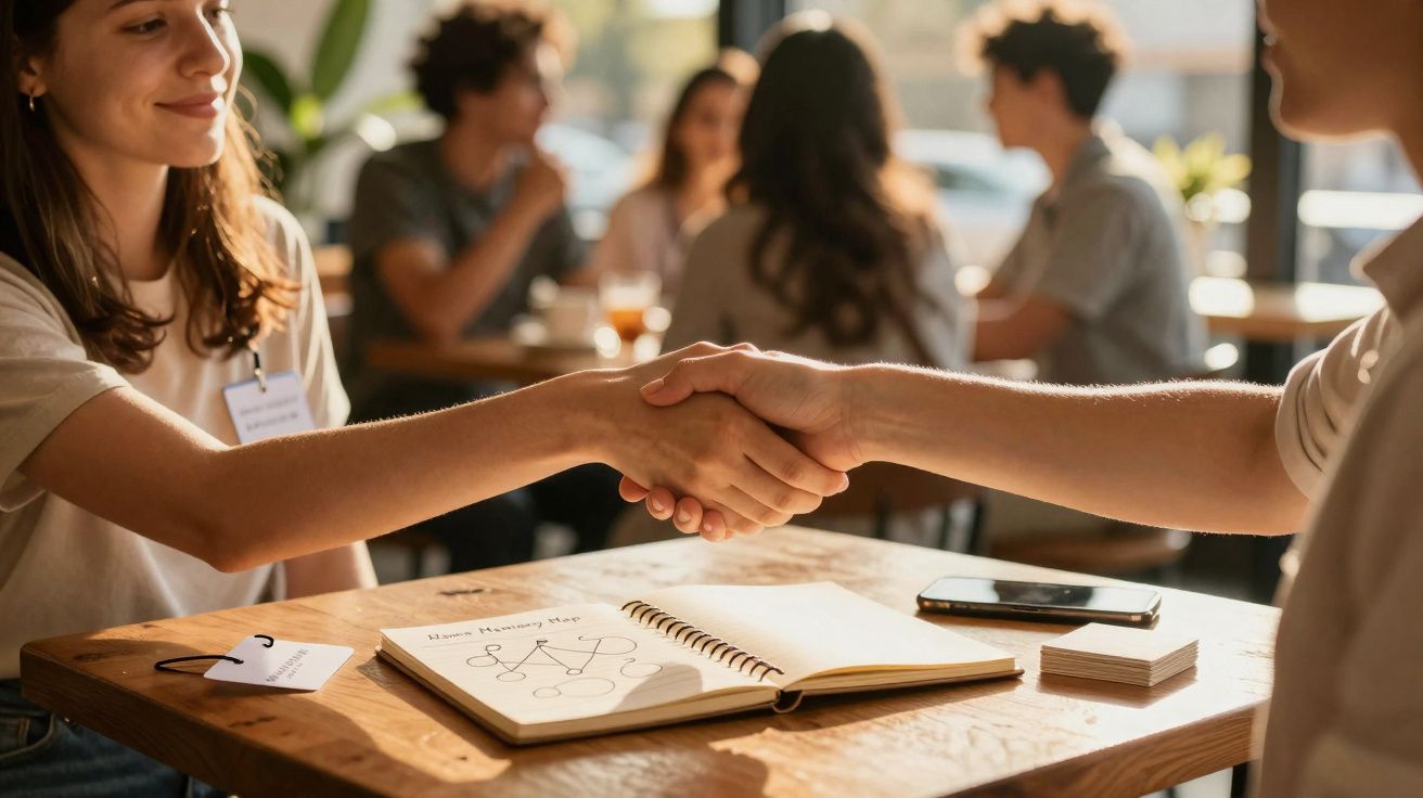 Duas pessoas a cumprimentarem-se com um aperto de mão sobre uma mesa com caderno, telemóvel e cartões.