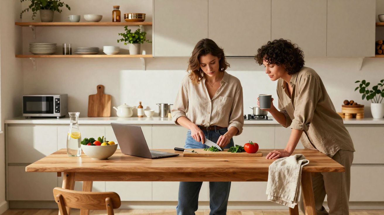 Duas mulheres numa cozinha moderna, uma corta legumes e a outra bebe de uma caneca junto à mesa de madeira.
