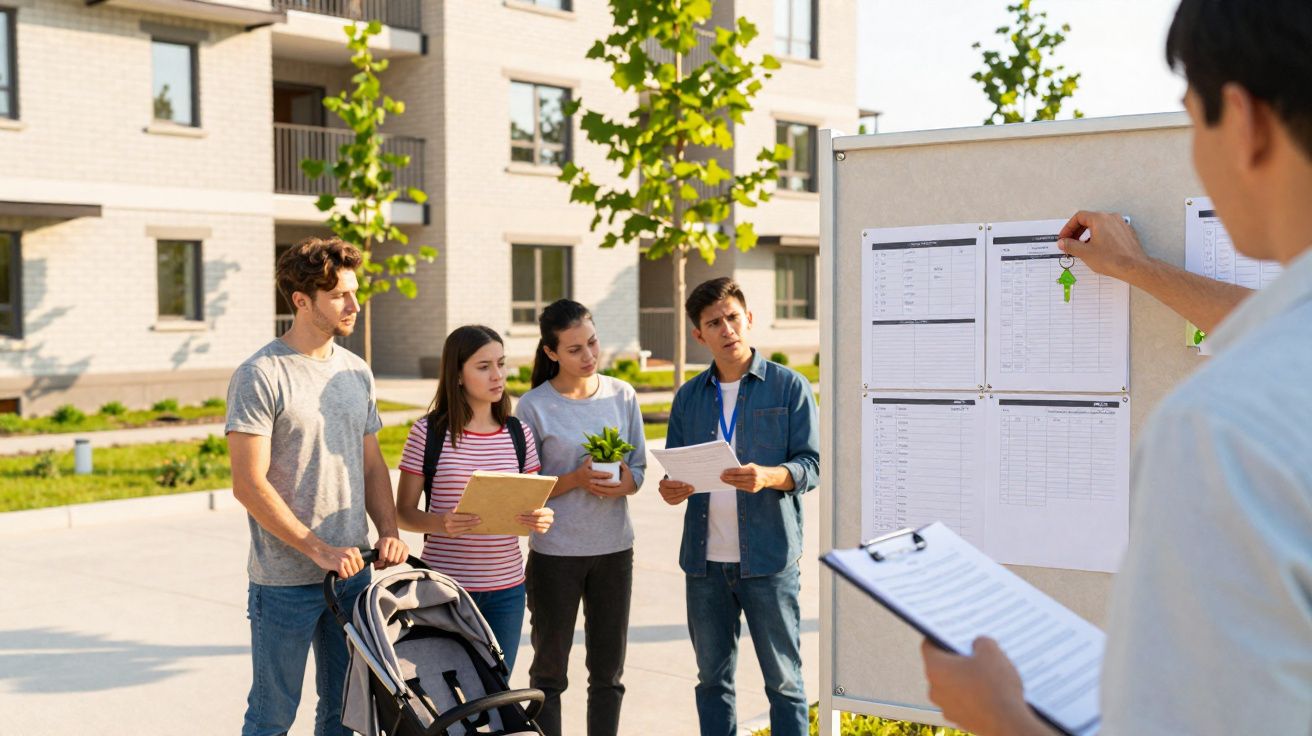 Grupo de jovens adultos a consultar lista de apartamentos disponíveis num bairro residencial.