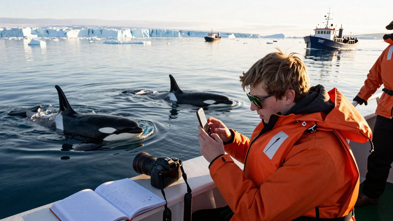 Pessoa com casaco laranja fotografa orcas de barco perto de icebergues num mar calmo.