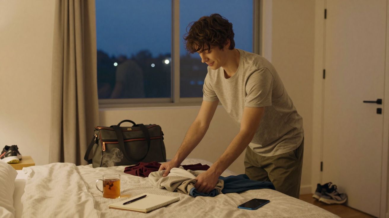 Homem a arrumar roupa num quarto com iluminação suave ao anoitecer.