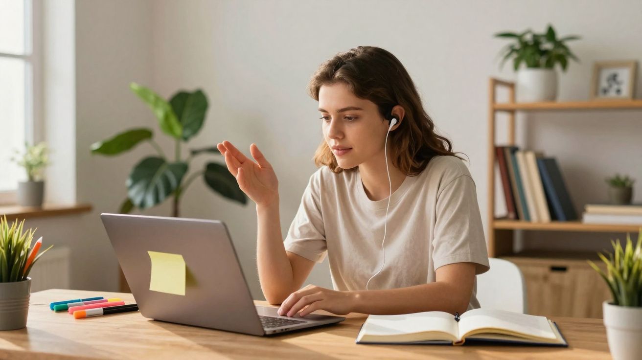 Jovem mulher com auriculares sentada à mesa, a usar portátil, com caderno aberto e marcadores coloridos ao lado.