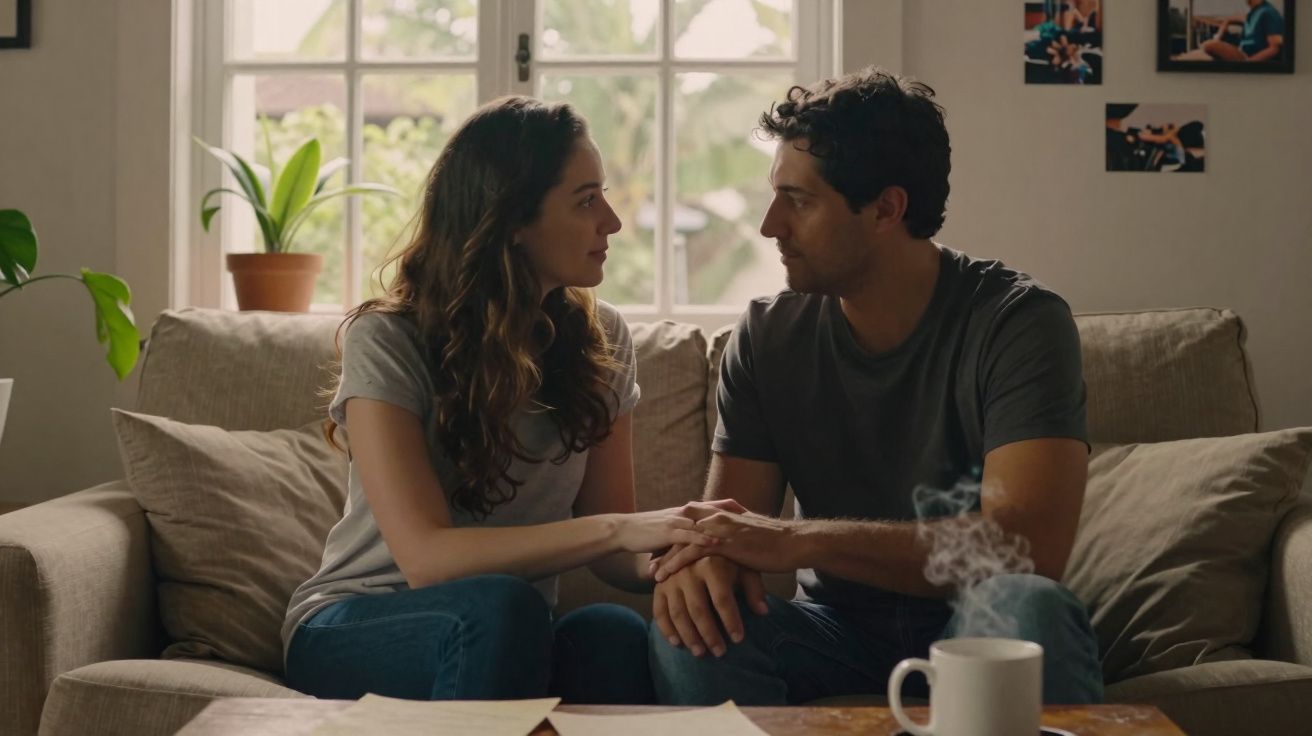 Casal sentado no sofá de casa, olhando-se nos olhos e segurando as mãos, com janelas e plantas ao fundo.