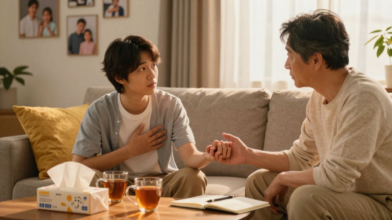 Dois homens sentados num sofá a conversar, um segura a mão do outro num momento de apoio emocional.