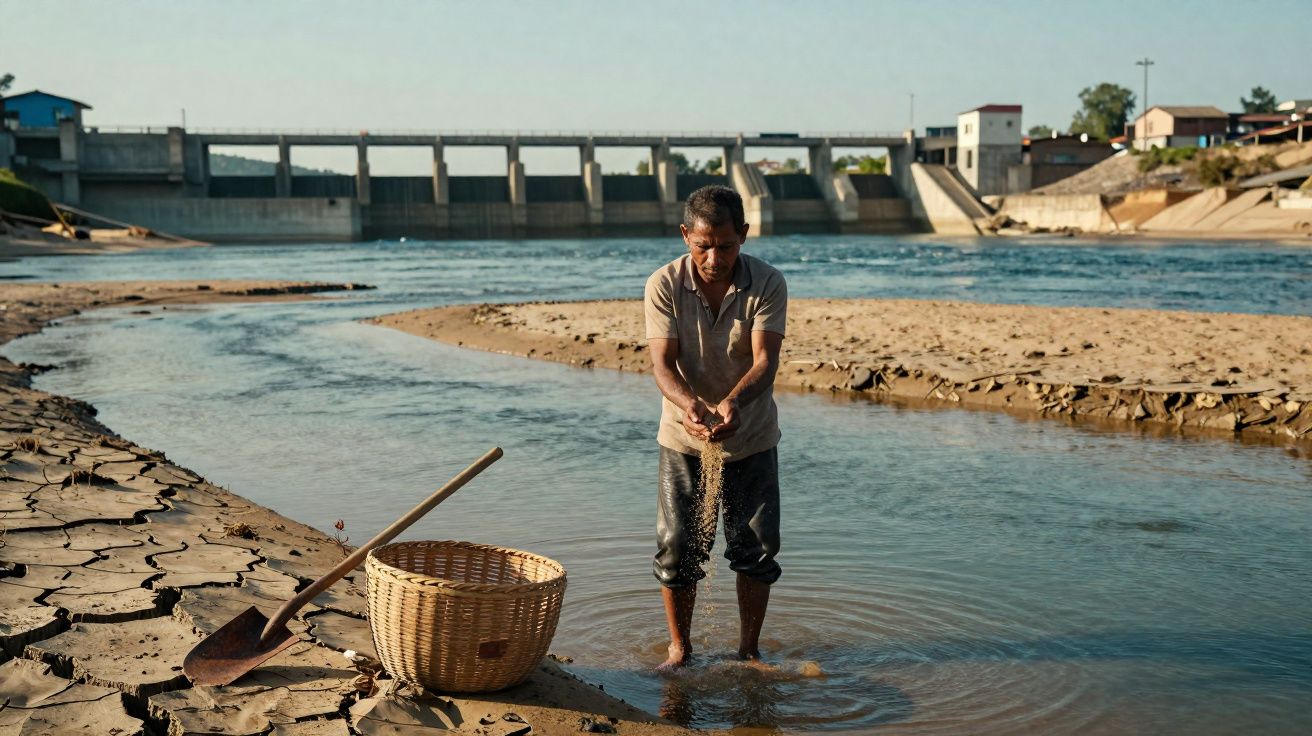 Homem em rio raso junto a represa, com cesta e pá na margem de areia seca e rachada.