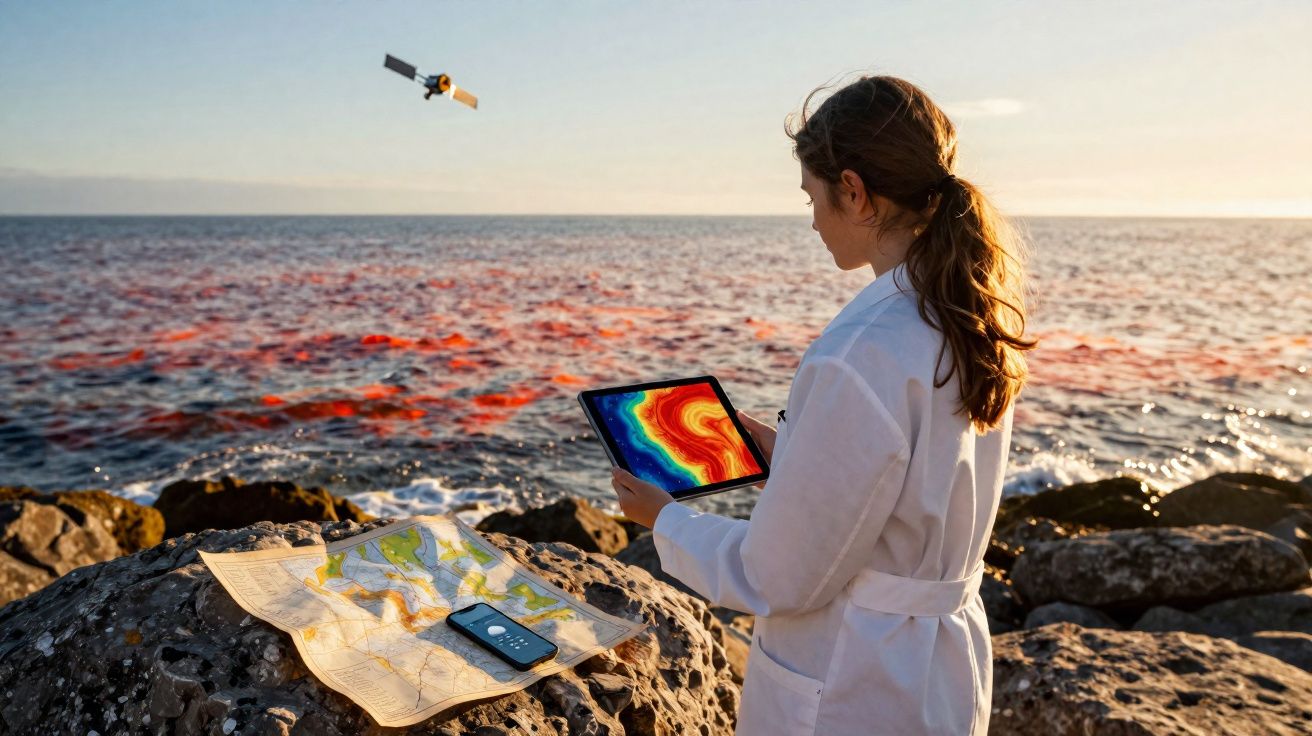 Mulher com bata branca usa tablet para analisar dados coloridos perto do mar com mapas e smartphone numa rocha.