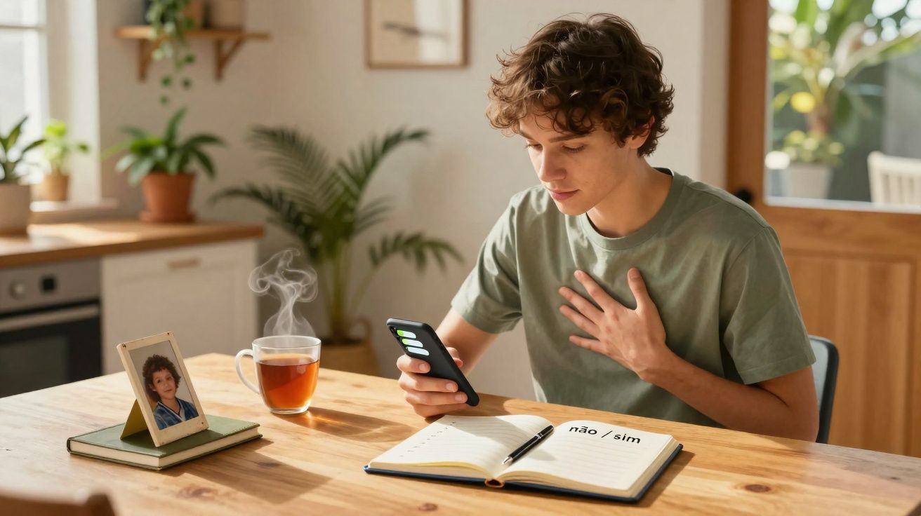 Jovem preocupado lê mensagem num telemóvel sentado à mesa com chá e foto de uma criança.