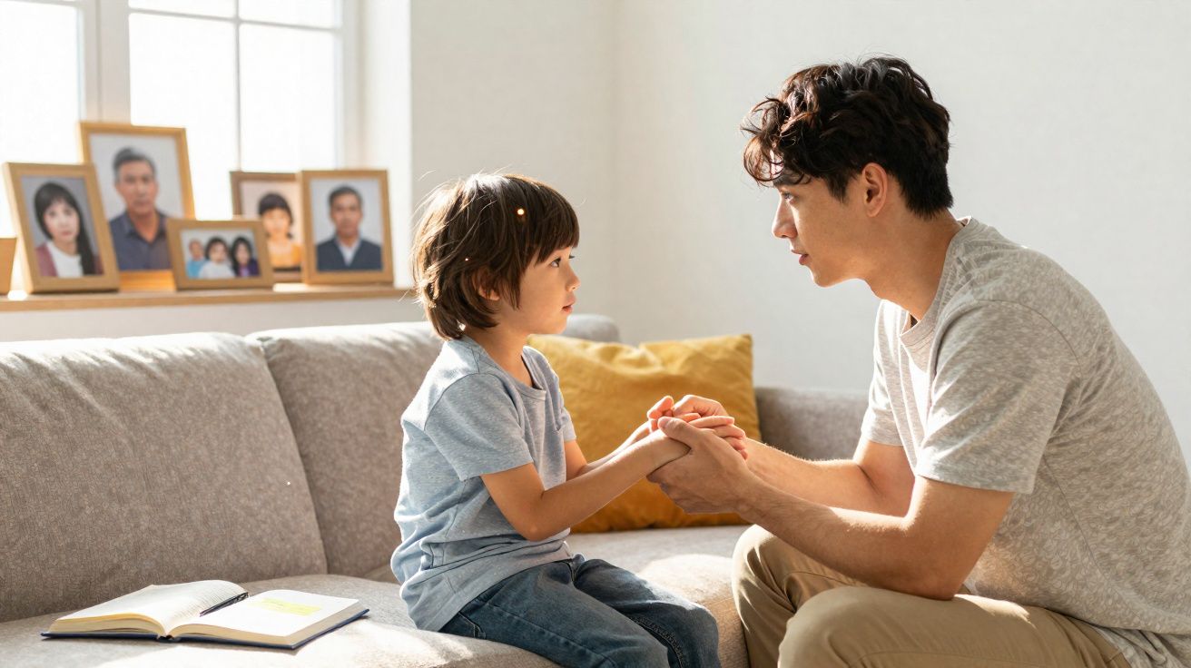 Homem e menino sentados no sofá a conversar, com fotografias familiares e livro aberto ao lado.