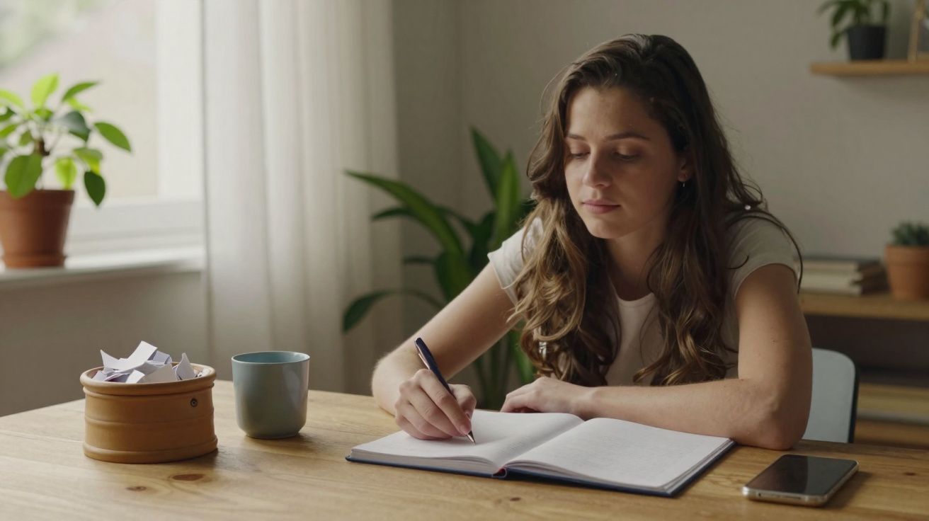 Jovem sentada a escrever num caderno numa mesa com caneca, jarro de papel e telemóvel, num ambiente luminoso e acolhedor.