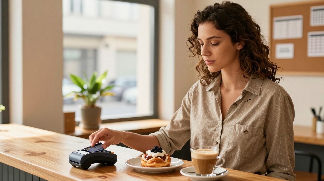 Mulher a efetuar pagamento com cartão num terminal, café e sobremesa numa mesa de madeira clara.