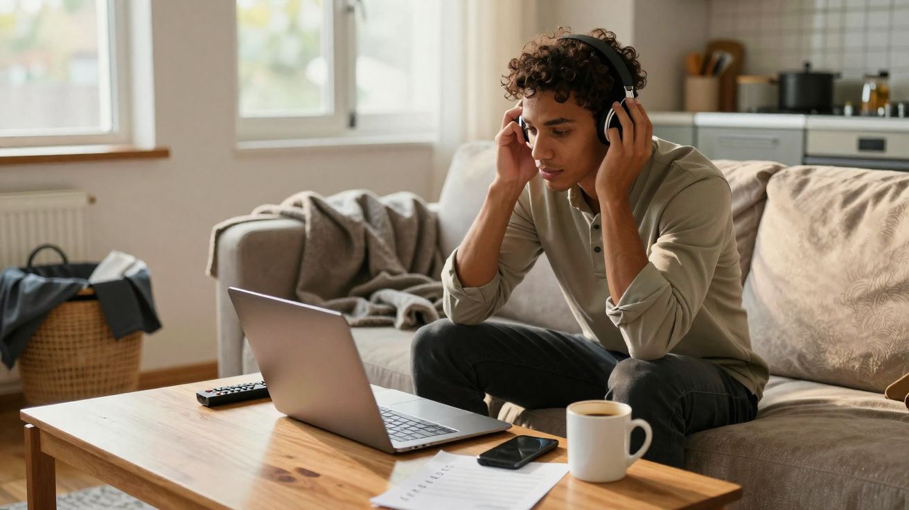 Jovem sentado no sofá a ouvir música com auscultadores, com portátil, telemóvel e caneca numa mesa de madeira.
