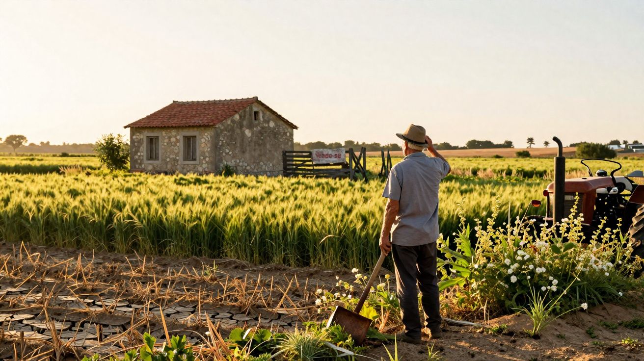 Agricultor de chapéu vê campo verde perto de trator e casa antiga ao pôr do sol.