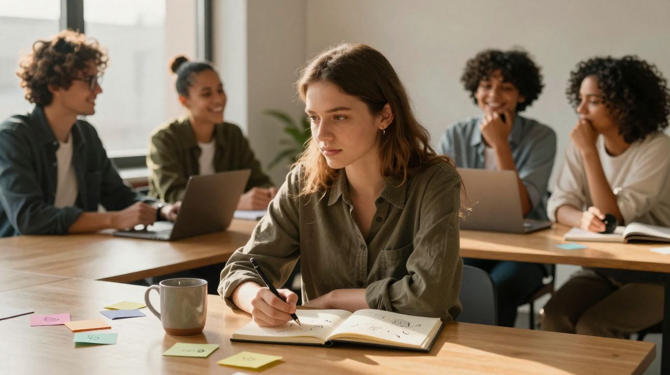 Jovem mulher a escrever num caderno numa sala de aula com colegas e laptops ao fundo.