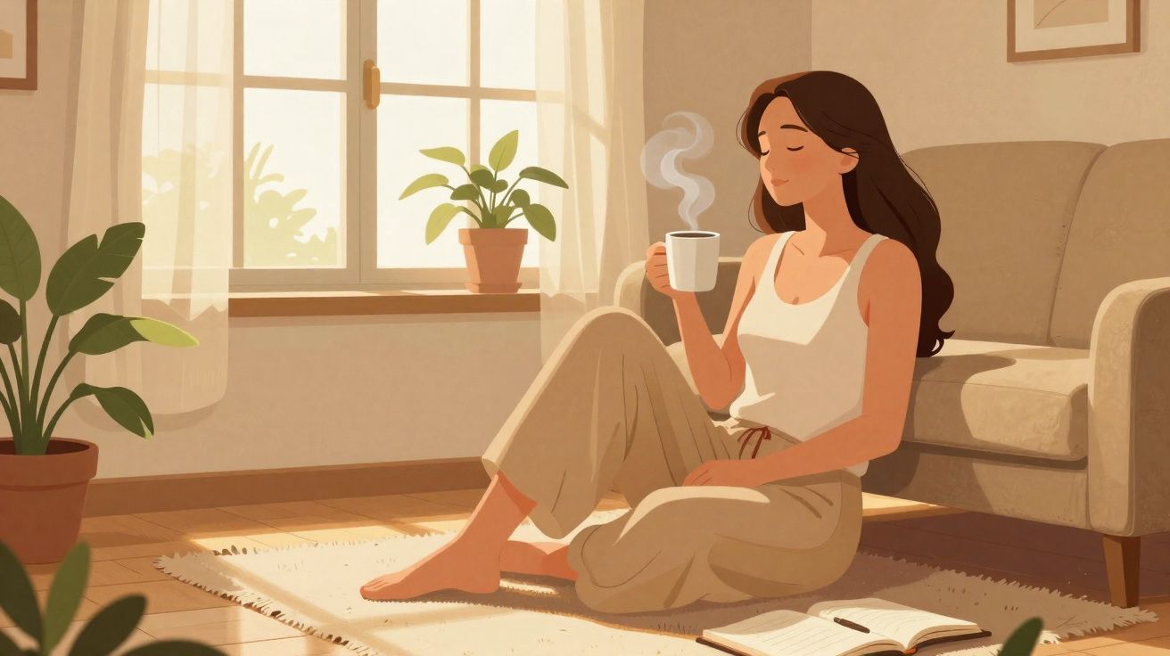 Mulher sentada no chão junto a uma janela, a beber chá quente, rodeada de plantas e um livro aberto.