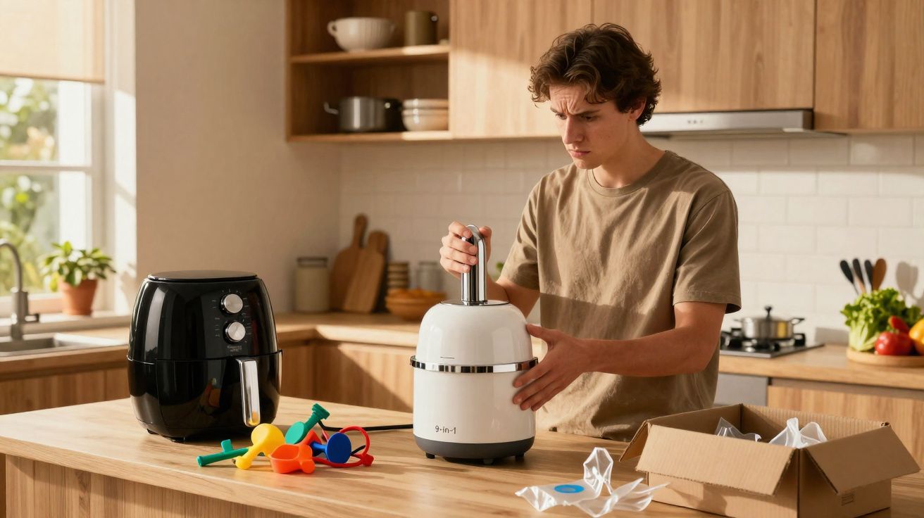 Jovem a montar um aparelho de cozinha branco numa bancada com outros acessórios e eletrodomésticos.