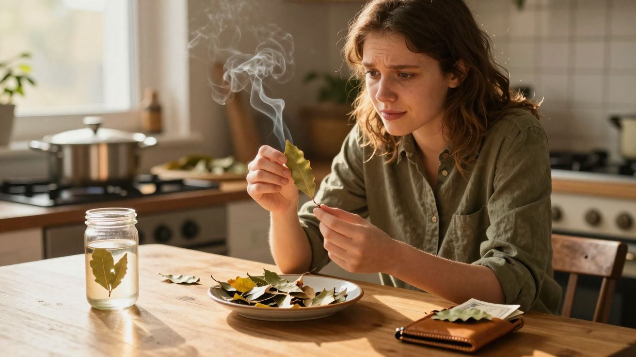 Mulher sentada à mesa, segurando uma folha de louro a fumegar na cozinha iluminada.