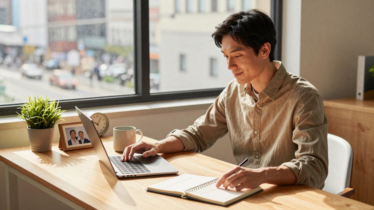 Homem sentado a trabalhar num portátil e a escrever numa agenda numa mesa junto a uma janela iluminada.