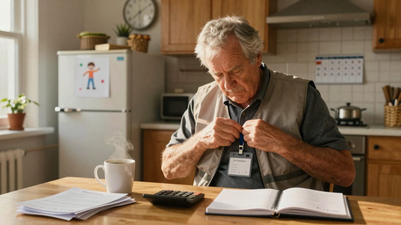 Homem sénior sentado à mesa da cozinha, a prender um cartão de identificação ao pescoço, com documentos e café.