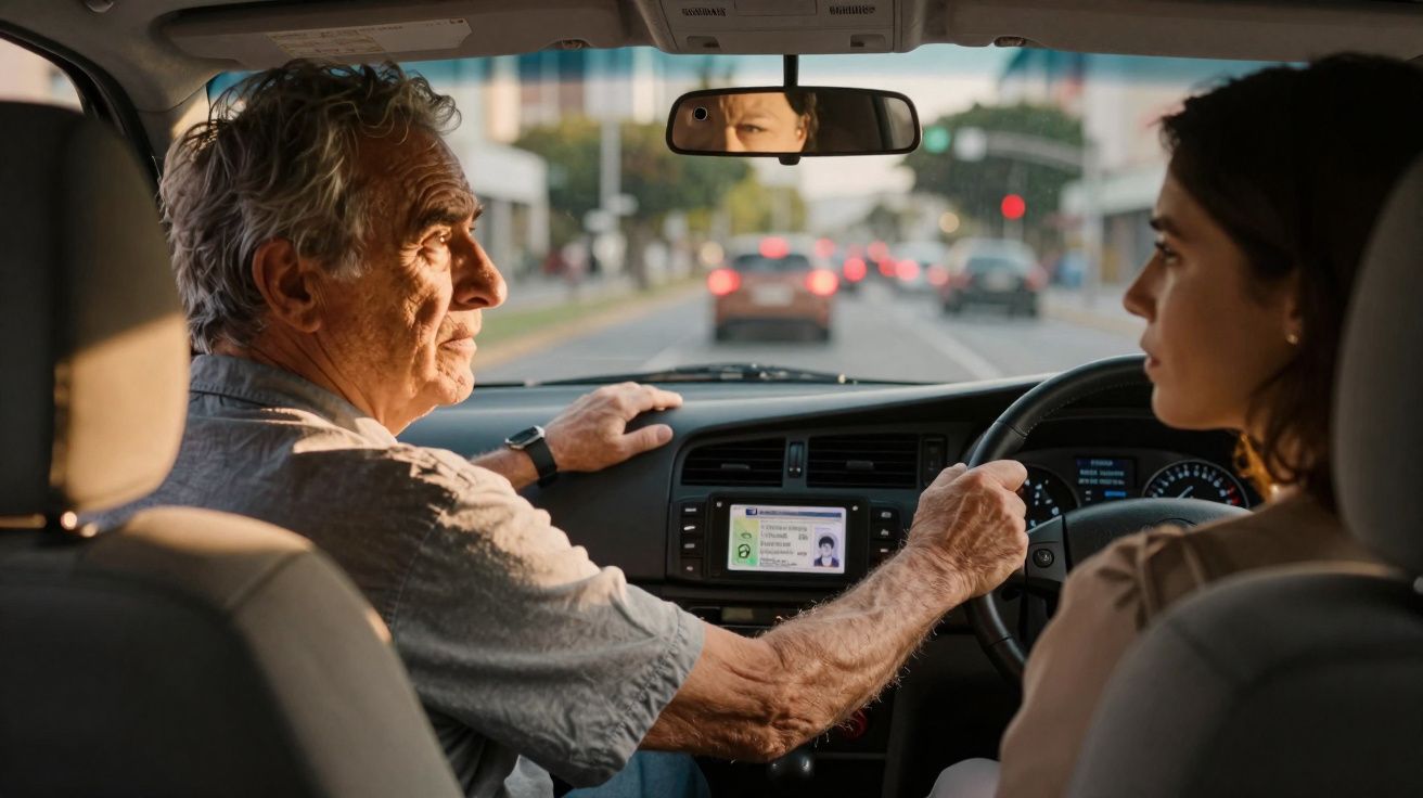 Homem idoso dá instruções a mulher jovem ao volante dentro de carro numa estrada urbana ao entardecer.
