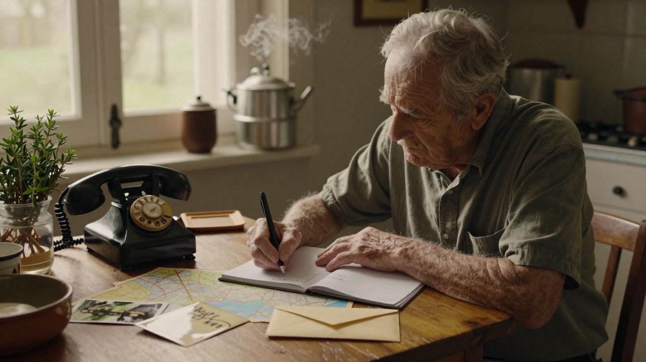 Homem idoso sentado à mesa a escrever num caderno rodeado por cartas, mapa, telefone e plantas numa cozinha.