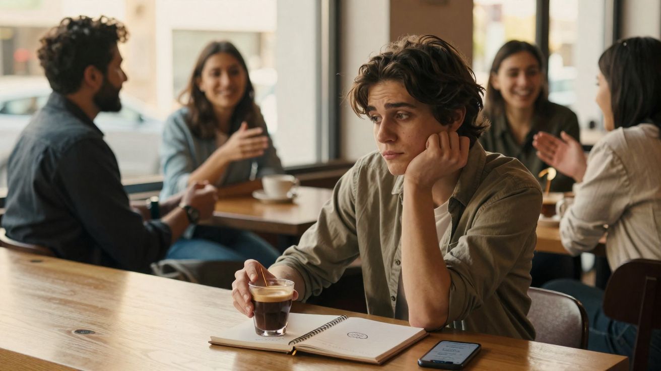 Jovem sentado sozinho num café com expressão triste enquanto segura um café e à sua frente está um caderno aberto.