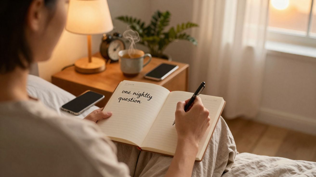 Pessoa a escrever num diário na cama com chá e telemóveis numa mesa junto a uma janela com luz natural.