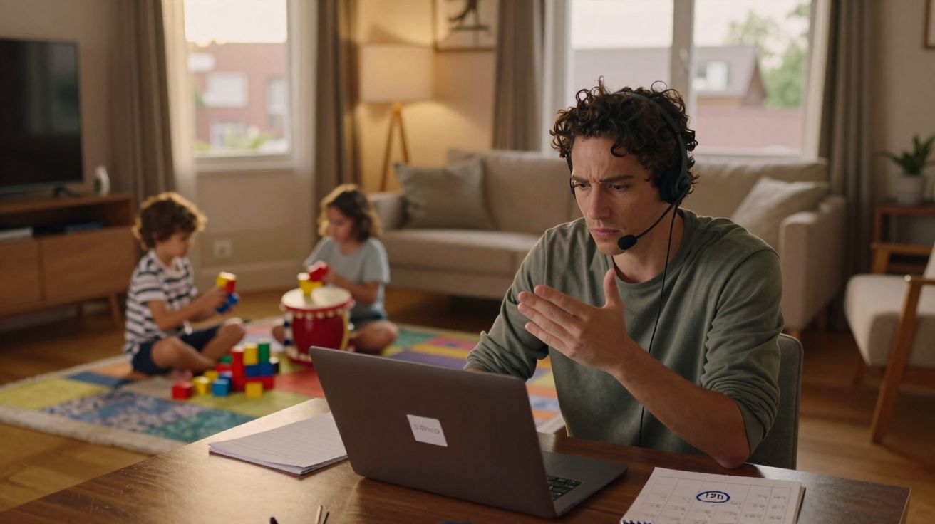 Homem a trabalhar em casa com auscultadores, enquanto duas crianças brincam no chão da sala.