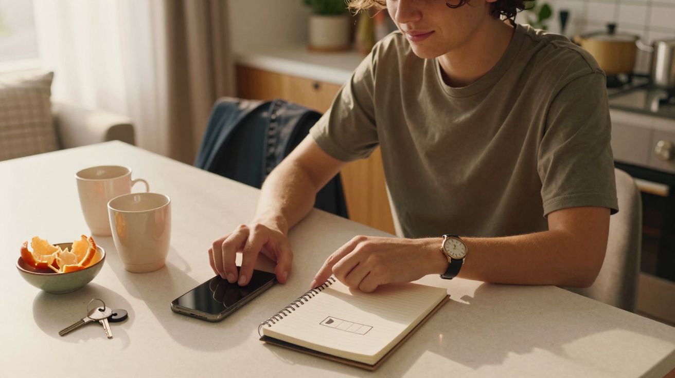 Jovem sentado à mesa com bloco de notas, smartphone, duas chávenas, chaves e tigela com laranjas descascadas.