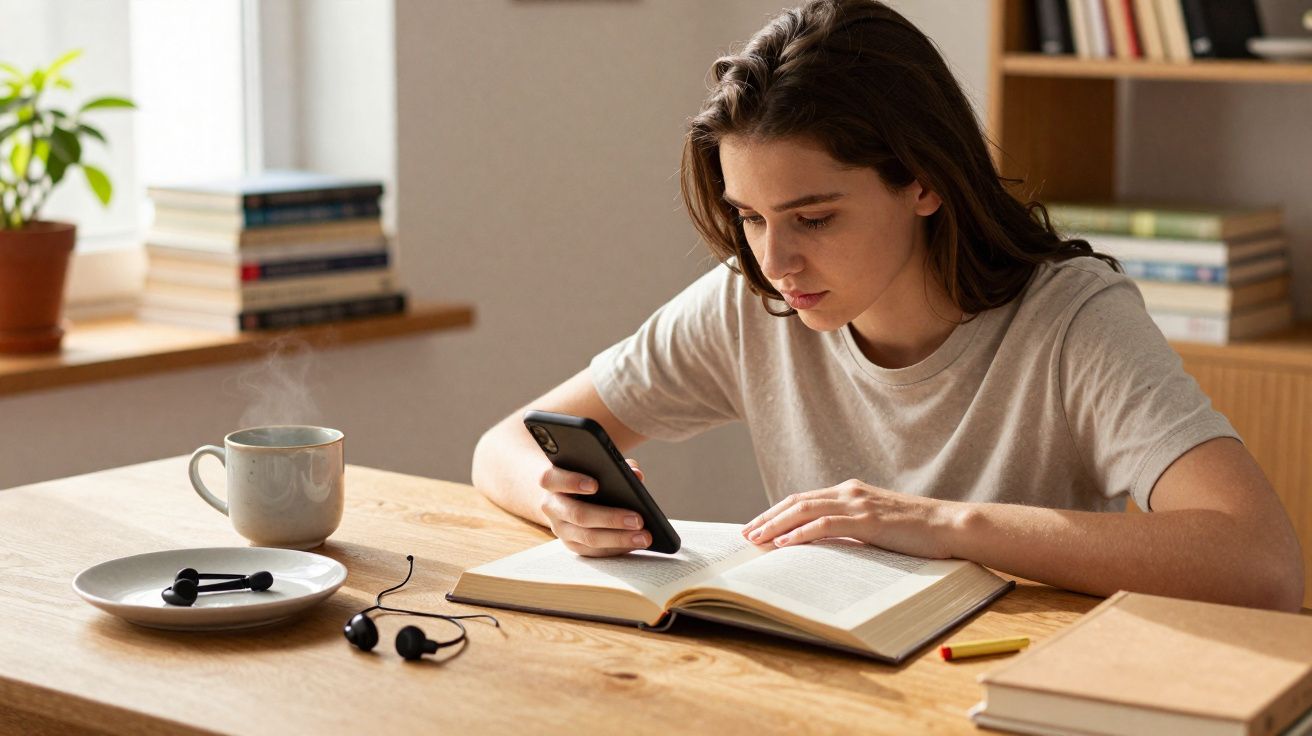 Jovem sentada a ler um livro enquanto consulta o telemóvel numa mesa com chá e auriculares.