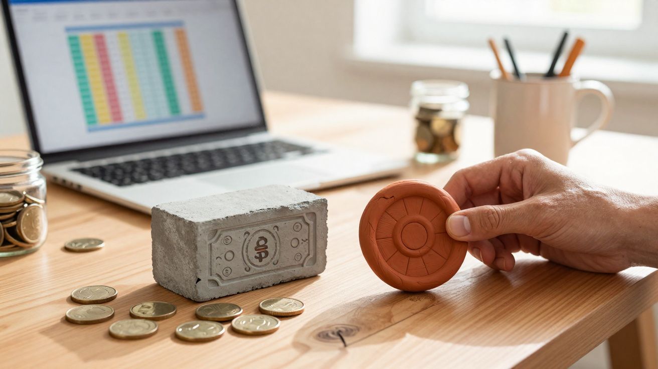 Mão a segurar moeda terracota, moedas douradas e tijolo em mesa com computador portátil ao fundo.