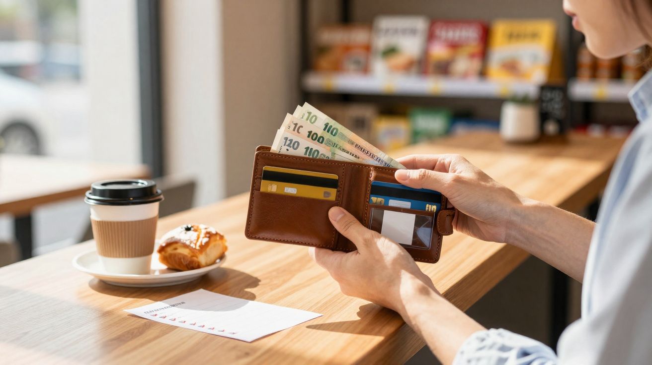 Pessoa a contar notas de euro numa carteira num café, com café e pastel na mesa.