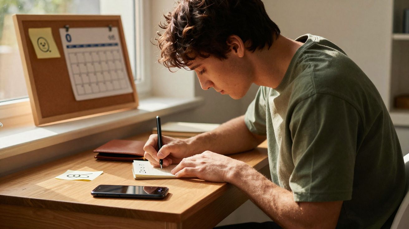 Jovem sentado a escrever num caderno numa secretária de madeira junto a uma janela iluminada pela luz natural.