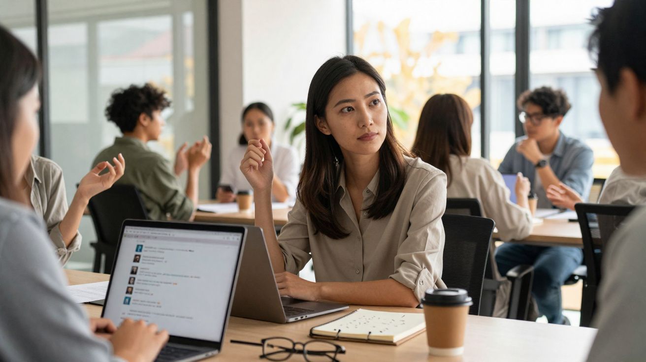 Grupo de jovens profissionais a trabalhar e discutir ideias numa mesa de escritório.