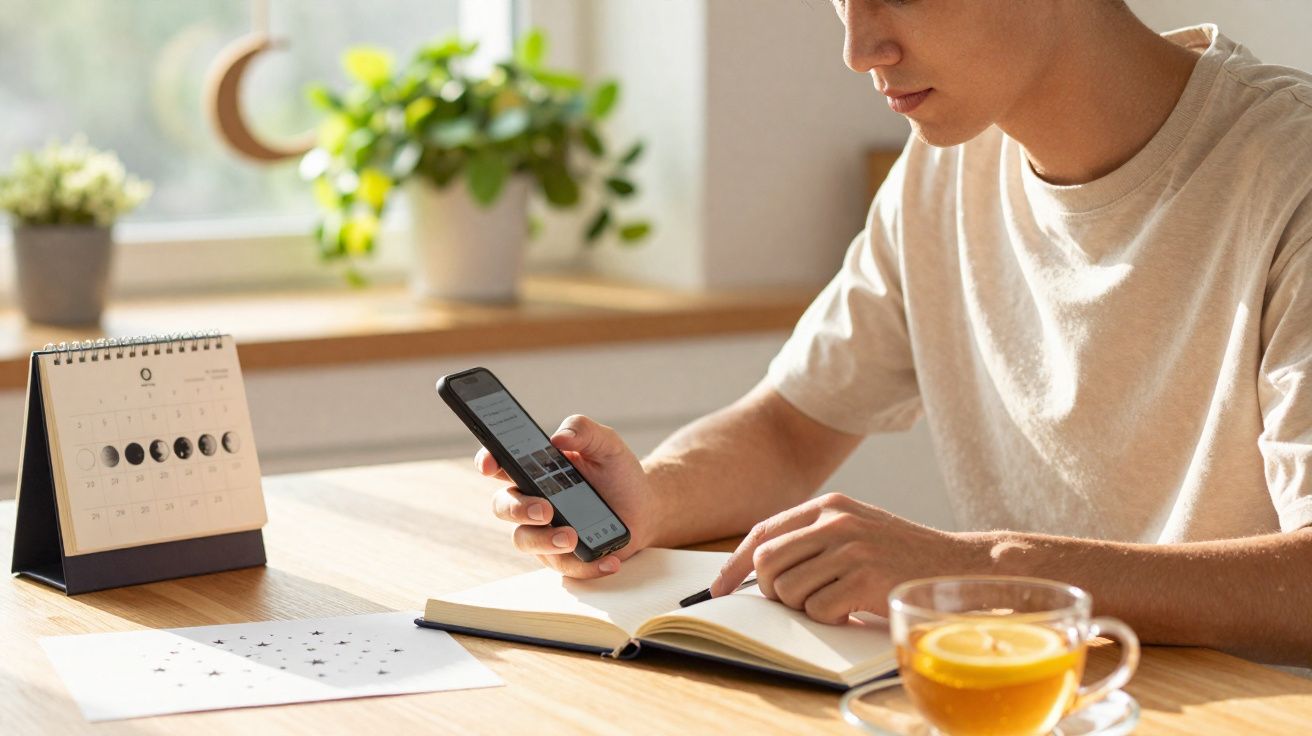 Pessoa a usar telemóvel e a escrever num caderno numa mesa com chá e calendário visível ao fundo.