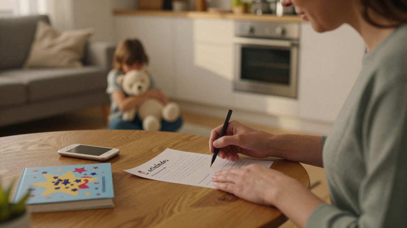 Pessoa a escrever uma carta numa mesa, enquanto criança abraça um ursinho ao fundo na sala.