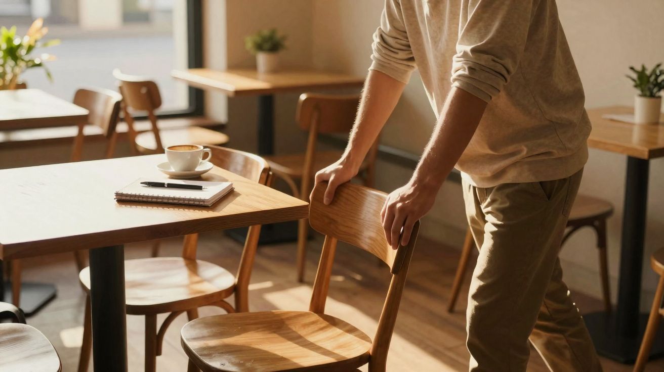 Pessoa a puxar cadeira em café com luz natural e ambiente acolhedor, com mesa, caderno, caneta e chávena de café.